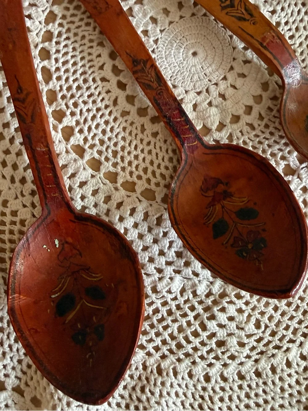 Vintage Scandanavian Folk Hand Painted and Carved Wooden Primitive Spoons